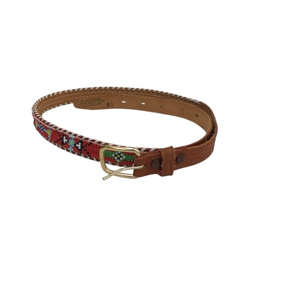 no brand Accessories - Vintage Beaded Leather Belt 33” Thunderbird Western Aztec